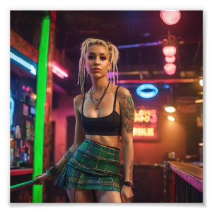Blonde Dreads Punk Frill Tartan Skirt Girl in Bar Photo Print