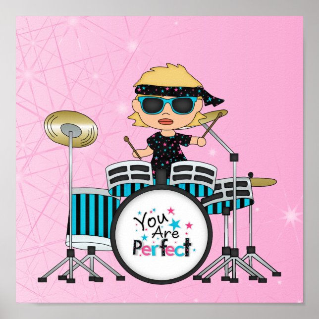 Blonde Drummer Girl with Stars on Pink Poster (Front)