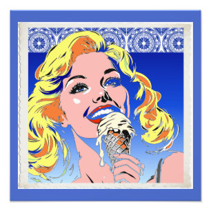 Blonde Eating Ice Cream Colorful 60s Pop Art Style Photo Print