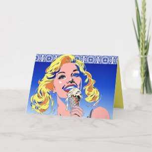 Blonde Eating Ice Cream Colourful 60s Pop Art Styl Card