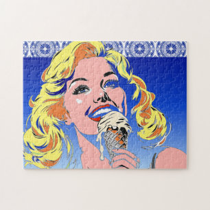 Blonde Eating Ice Cream Colourful 60s Pop Art Styl Jigsaw Puzzle