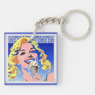 Blonde Eating Ice Cream Colourful 60s Pop Art Styl Key Ring