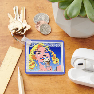 Blonde Eating Ice Cream Colourful 60s Pop Art Styl Key Ring