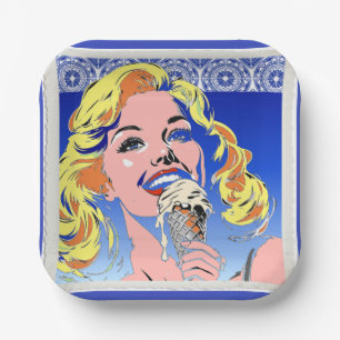Blonde Eating Ice Cream Colourful 60s Pop Art Styl Paper Plate