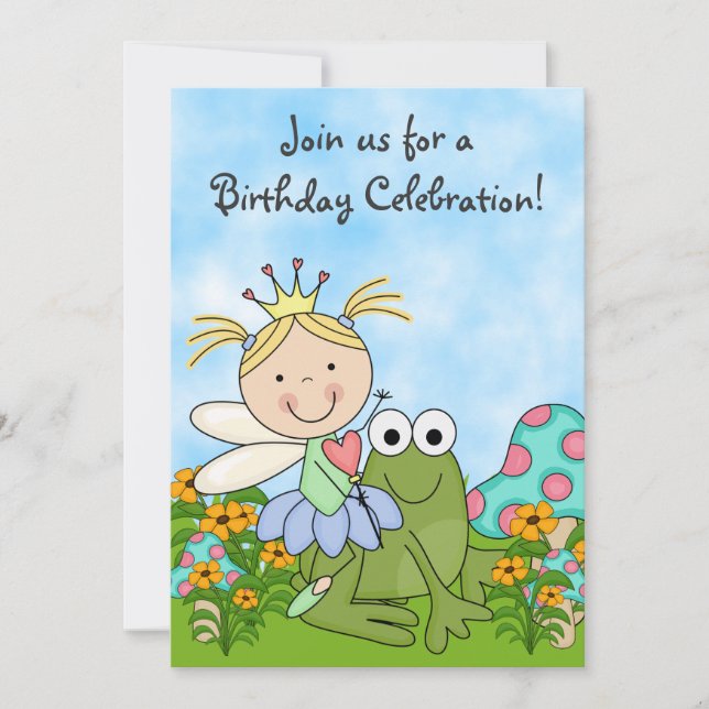 Blonde Fairy Princess and Frog Birthday Invite (Front)