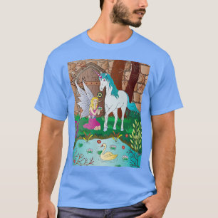 Blonde fairy sitting by pond with blue unicorn sta T-Shirt