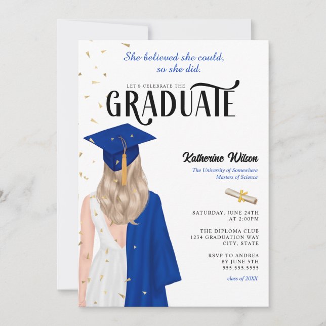 Blonde Female Blue She Believed Graduation Invitation (Front)