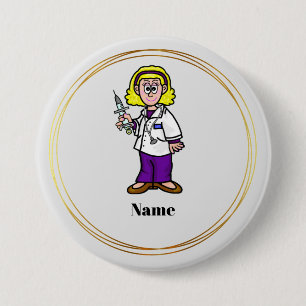 Blonde Female Doctor with Syringe Name Button
