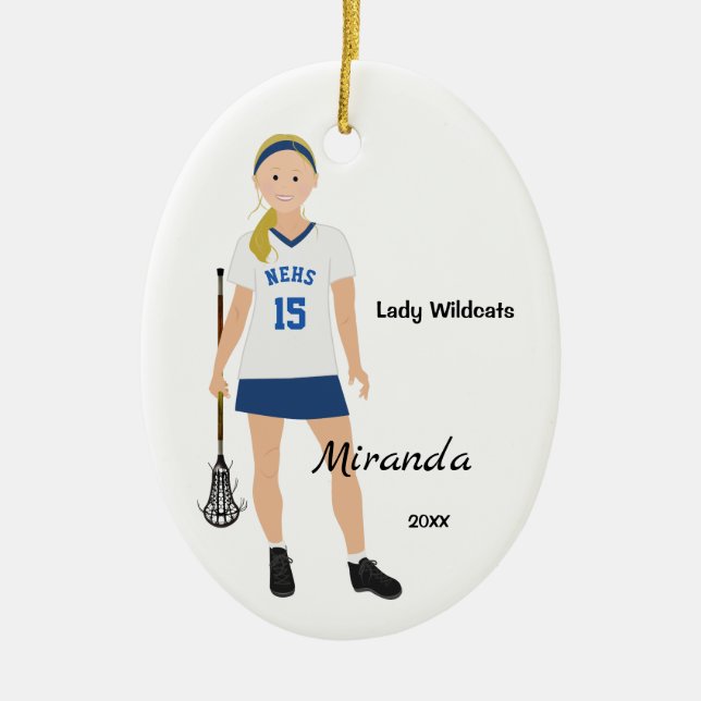 Blonde Female Lacrosse Player In Blue And White Ceramic Tree Decoration (Front)