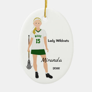 Blonde Female Lacrosse Player In Green And White Ceramic Tree Decoration