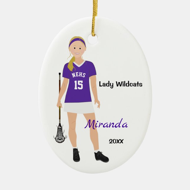 Blonde Female Lacrosse Player In Purple And White Ceramic Tree Decoration (Front)