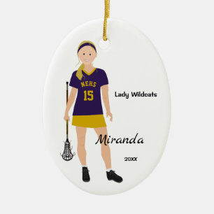 Blonde Female Lacrosse Player In Purple And Yellow Ceramic Tree Decoration