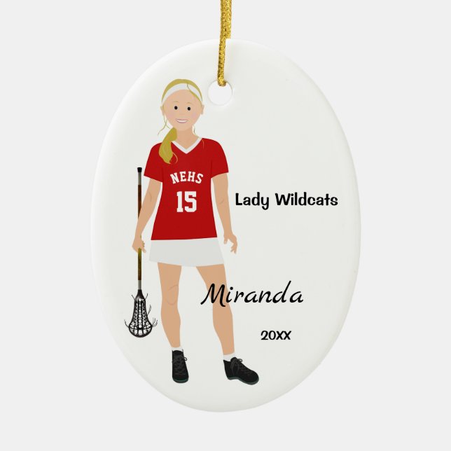Blonde Female Lacrosse Player In Red And White Ceramic Tree Decoration (Front)