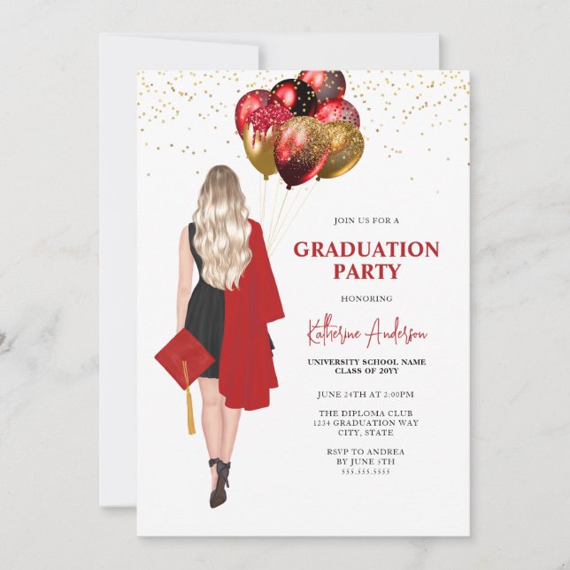 Blonde Female Red Graduation Party Invitation (Front)