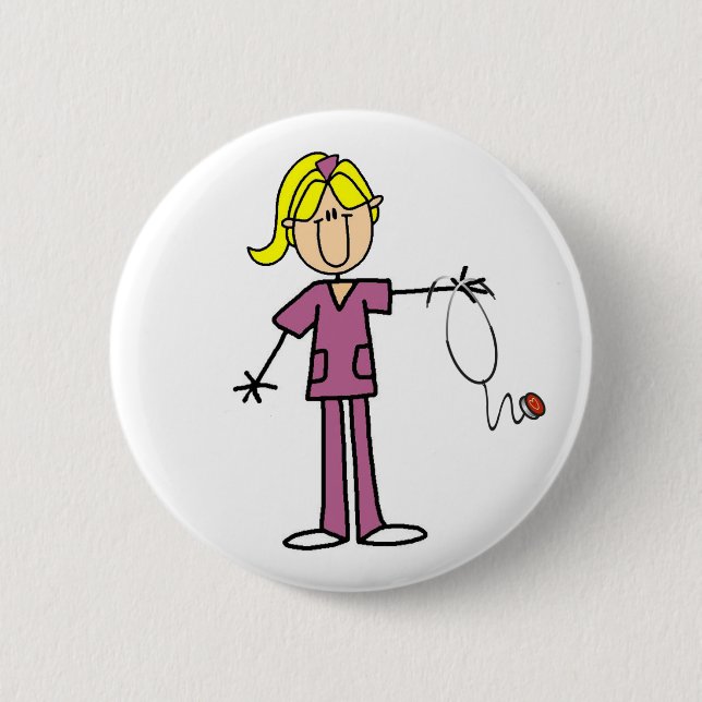 Blonde Female Stick Figure Nurse 6 Cm Round Badge (Front)