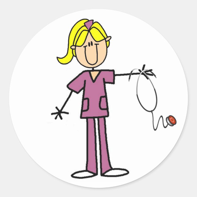 Blonde Female Stick Figure Nurse Classic Round Sticker (Front)