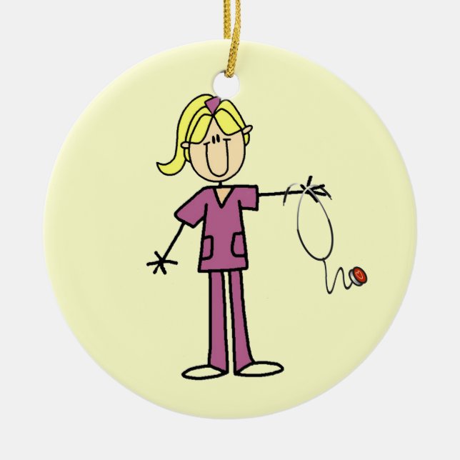 Blonde Female Stick Figure Nurse T-shirts Ceramic Tree Decoration (Front)