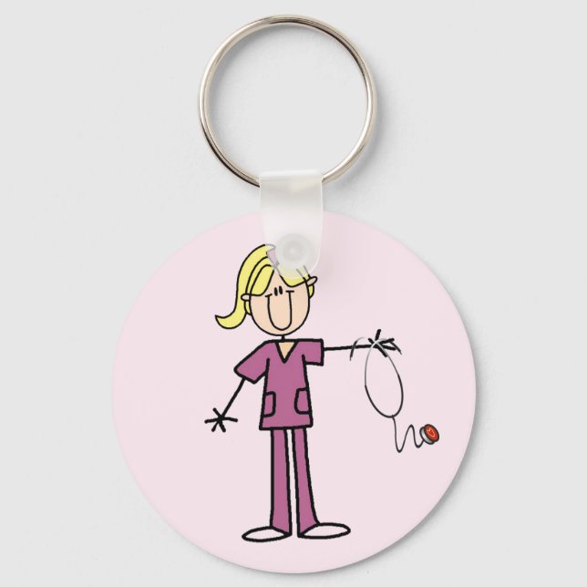 Blonde Female Stick Figure Nurse T-shirts Key Ring (Front)