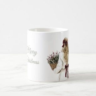 Blonde Female White Coat Burgundy Bow Christmas Coffee Mug