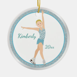Blonde Figure Skater In Aqua Ceramic Tree Decoration