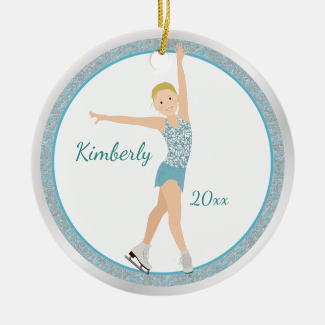 Blonde Figure Skater In Aqua Ceramic Tree Decoration (Front)