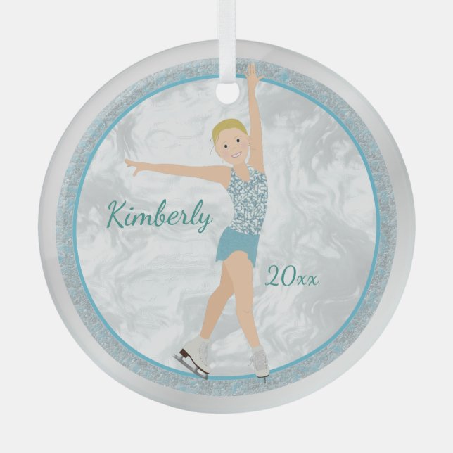 Blonde Figure Skater In Aqua Glass Tree Decoration (Front)