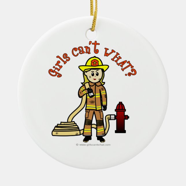 Blonde Firefighter Girl Ceramic Tree Decoration (Front)