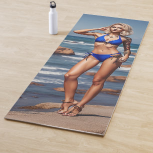 Blonde fitness bikini girl posing Yoga Mat