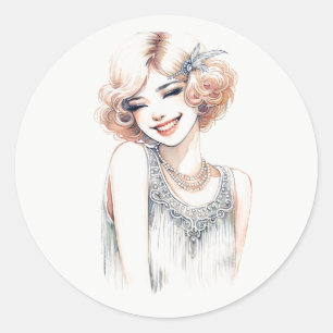 Blonde Flapper Smiling Classic Round Sticker
