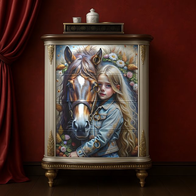 Blonde Girl and Brown Horse Denim Floral Decoupage Tissue Paper (Blonde Girl Brown Horse Denim Flory Decoupage Tissue Paper)