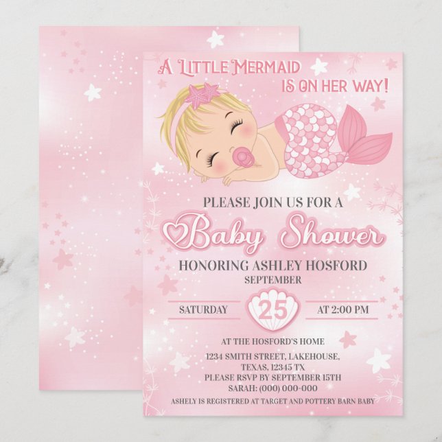 Blonde Girl Baby Shower Invitation | Baby Mermaid  (Front/Back)