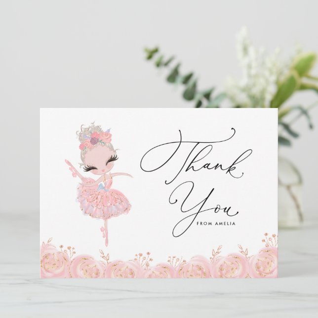 Blonde Girl Ballerina in Pink Dress Birthday Thank You Card (Standing Front)