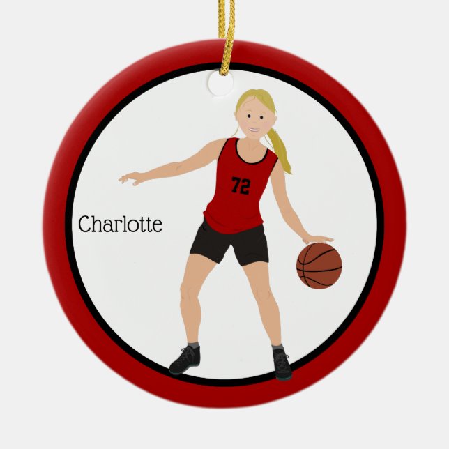 Blonde Girl Basketball Player In Red And Black Ceramic Tree Decoration (Front)