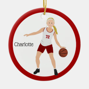 Blonde Girl Basketball Player In Red And White Ceramic Tree Decoration
