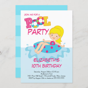 Blonde Girl Birthday Summer Pool Party Invitation