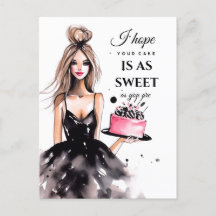 Blonde girl black dress birthday cake watercolor
