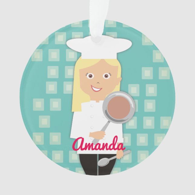 Blonde girl chef hat frying pan personalised ornament (Front)