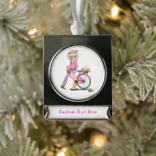 Blonde Girl Christmas Ornament Pink Bike Your Text