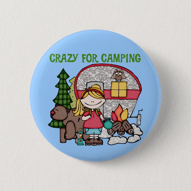 Blonde Girl Crazy For Camping 6 Cm Round Badge (Front)