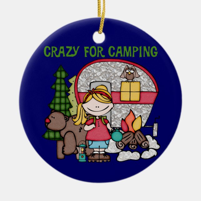 Blonde Girl Crazy For Camping Ceramic Tree Decoration (Front)