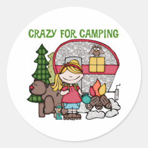 Blonde Girl Crazy For Camping Classic Round Sticker