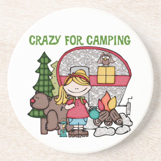 Blonde Girl Crazy For Camping Coaster (Front)