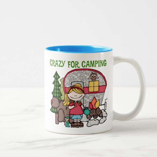 Blonde Girl Crazy For Camping Two-Tone Coffee Mug (Right)