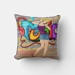 Blonde Girl Dancing MusicGraffiti Wall Background Cushion