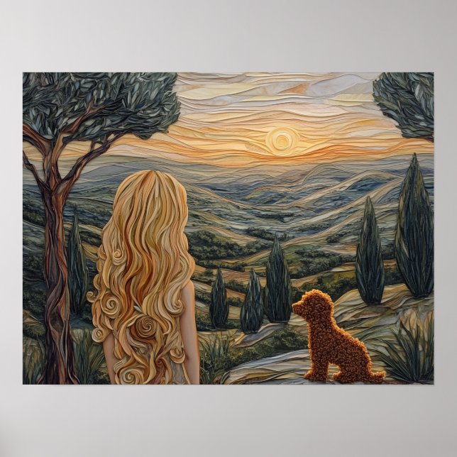 Blonde girl ,dog,walking,sunset,mountains poster (Front)