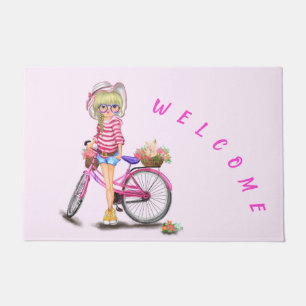 Blonde Girl Doormat with Pink Bike Welcome