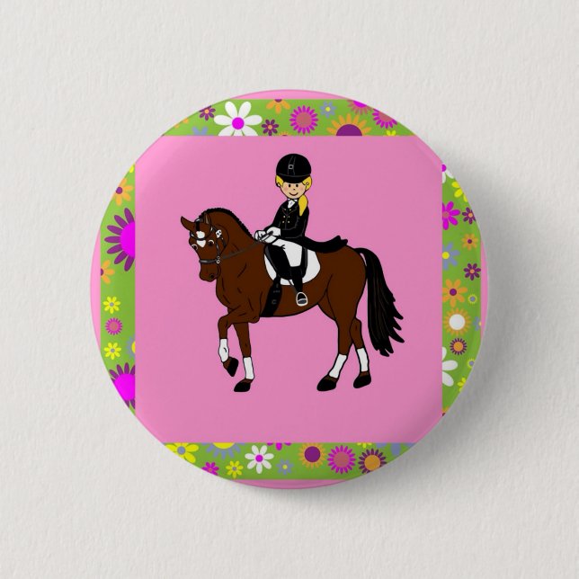 Blonde girl dressage horse rider caricature 6 cm round badge (Front)