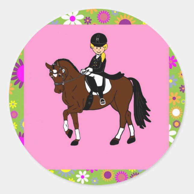 Blonde girl dressage horse rider caricature classic round sticker (Front)