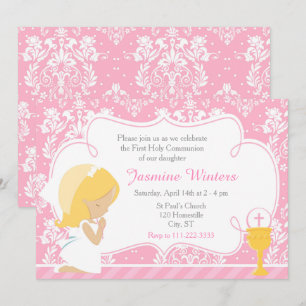 Blonde Girl First Communion Damask Invitation