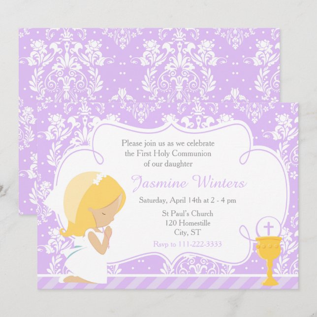 Blonde Girl First Communion Damask Invitation (Front/Back)